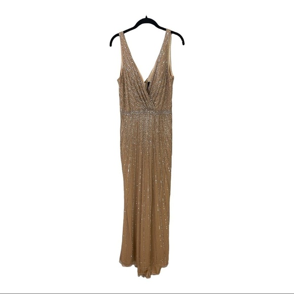 NEW MAC DUGGAL Gold Champagne Beaded Plunging Surplice Maxi Gown Size 12 - Picture 6 of 10